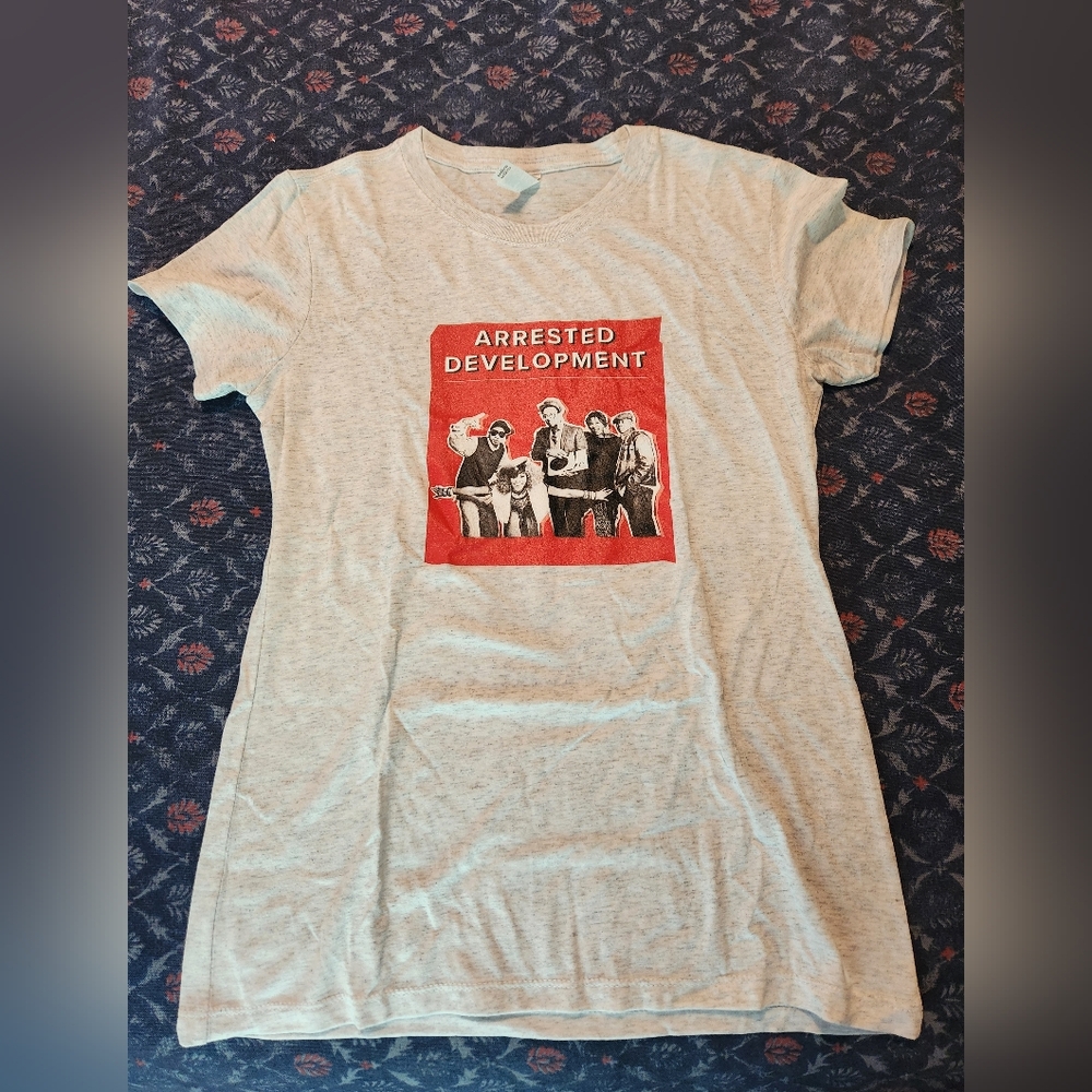 Light heather grey ladies fit tee, Arrested Development screen printed, Medium